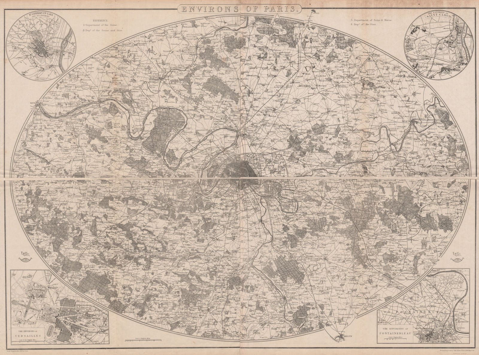 ENVIRONS OF PARIS. Large antique map 88x64 cm. DOWER. Dispatch atlas 1862